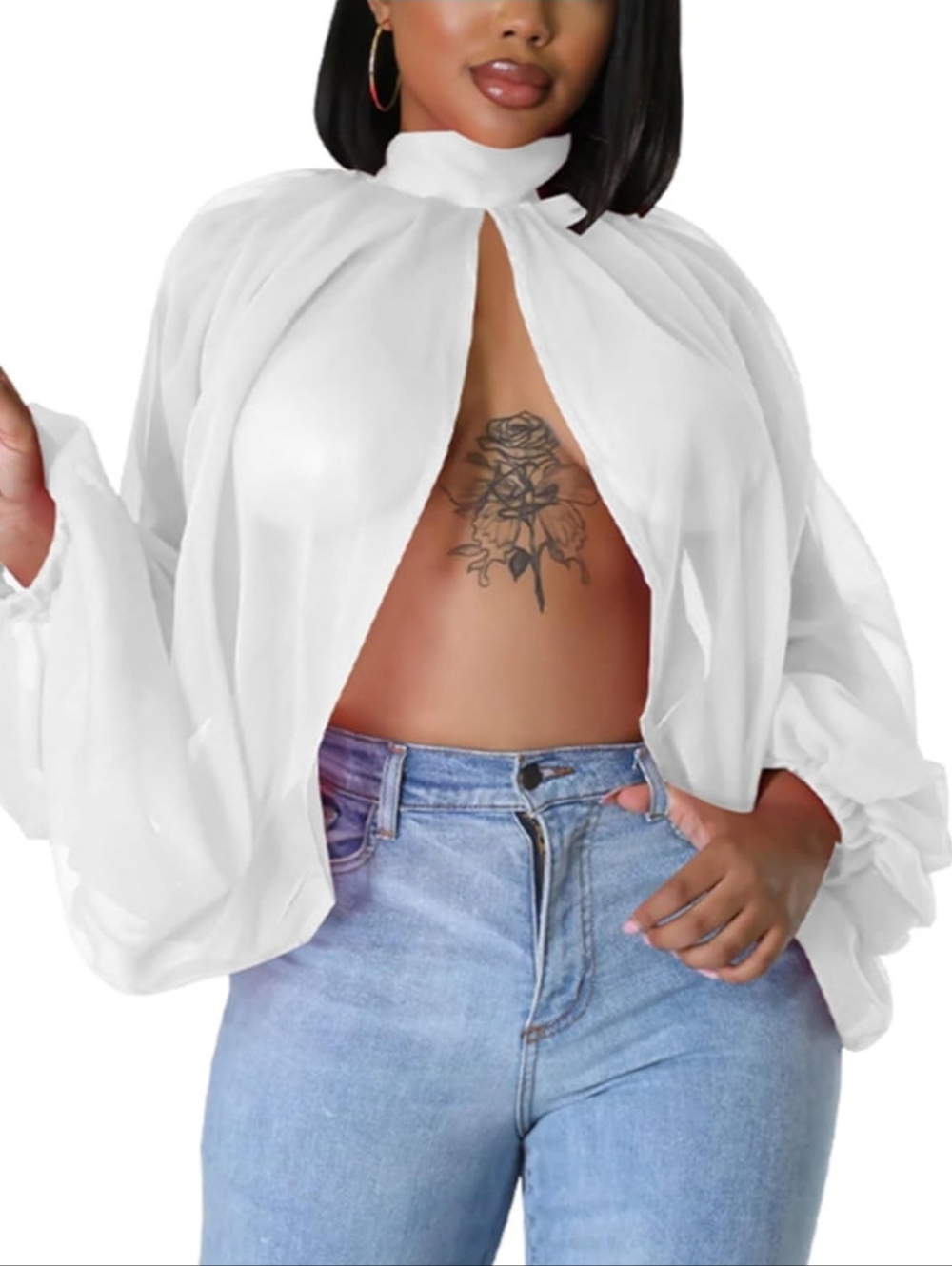 White Open-Front Mock Neck Blouse - Women's Top